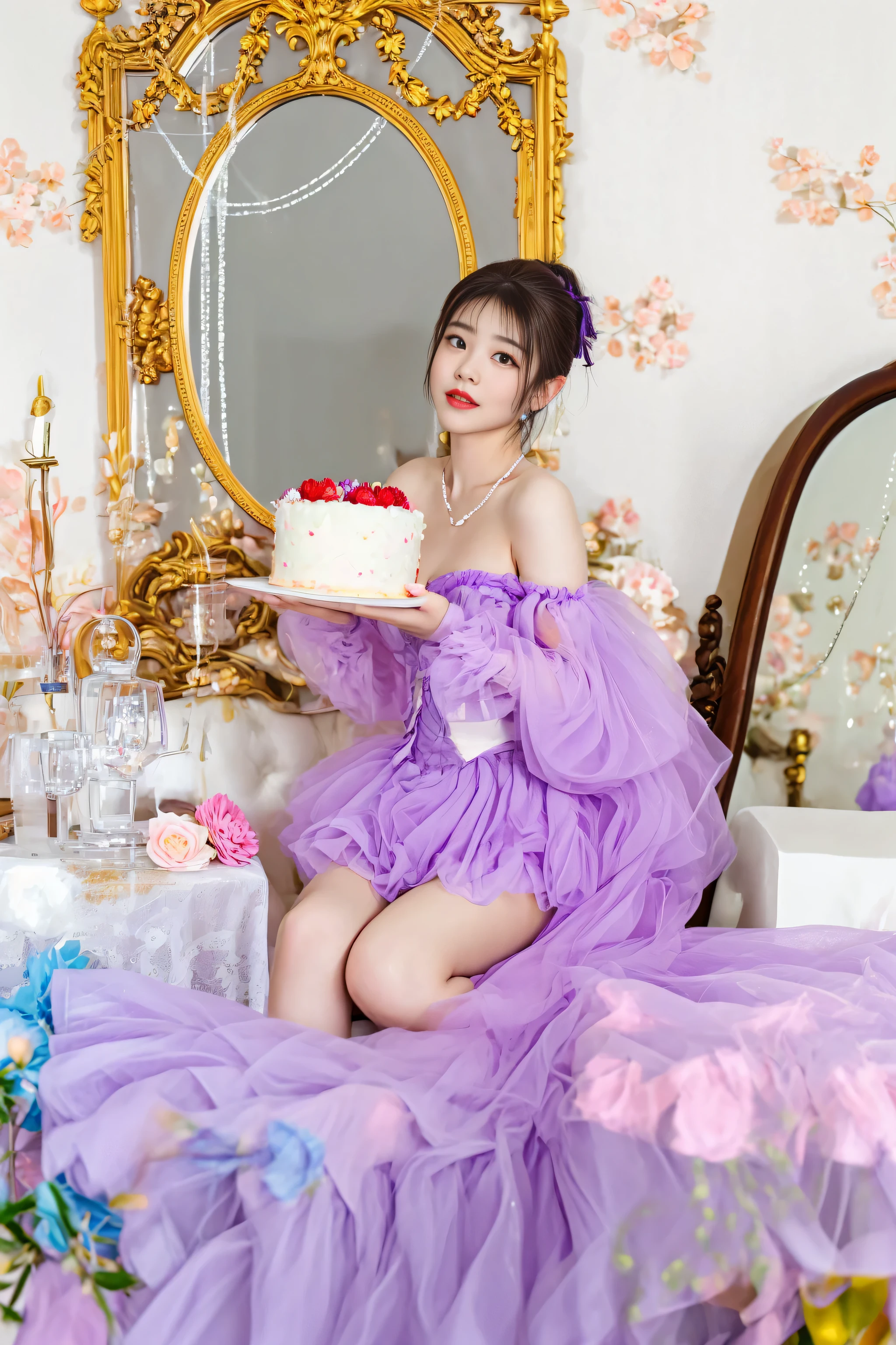 there is a woman sitting on a bed with a cake, eating cakes, wearing purple romantic tutu, belle delphine, fairycore, happy birthday, holding a birthday cake, 🤬 🤮 💕 🎀, sha xi, 🐿🍸🍋, wearing purple corset and tutu, full body xianxia, sakimichan, 21 years old, cute woman