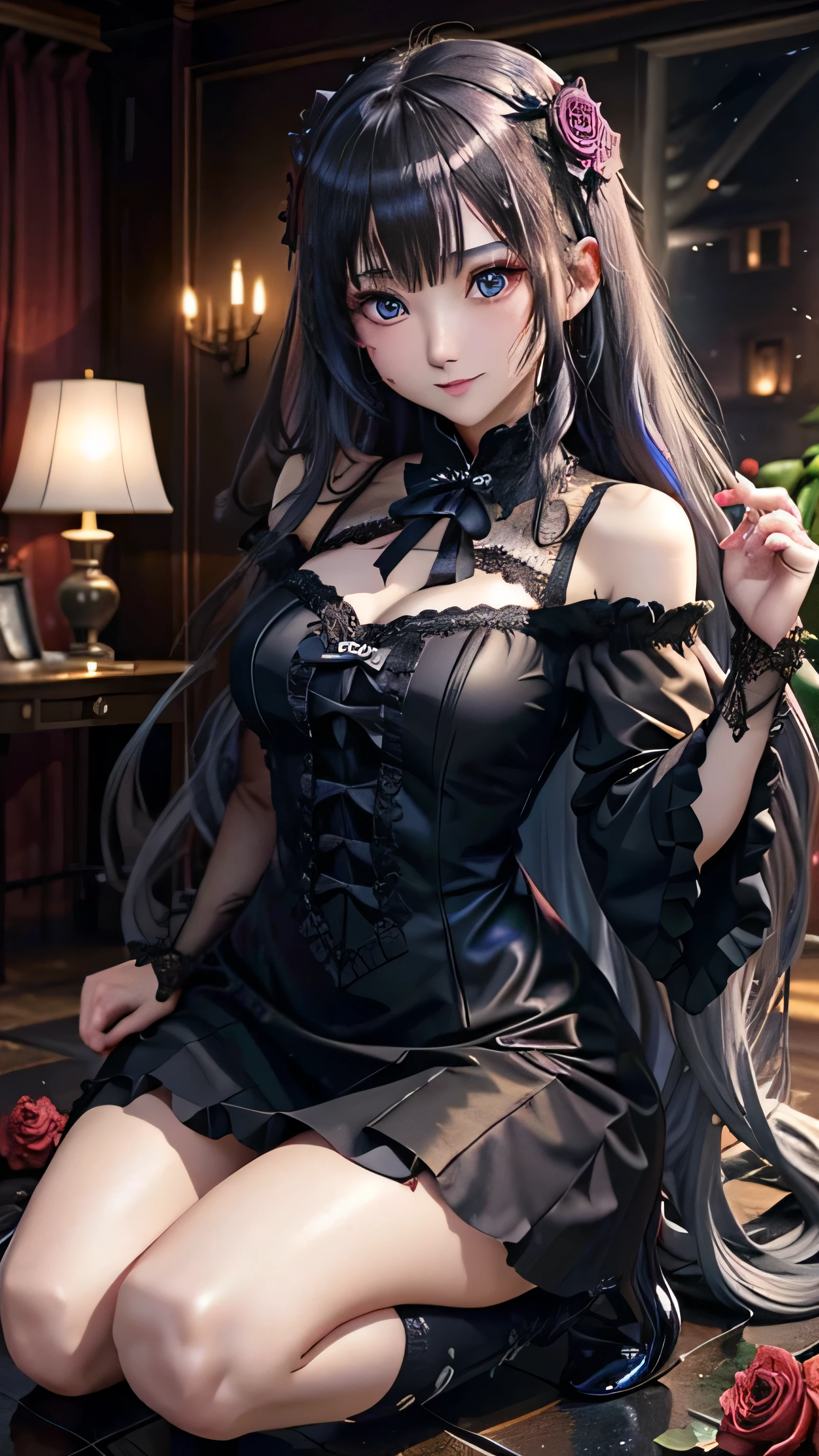 hard dark gothic makeup、black dark eyeshadow、grieve、Good skin glow、dark smile、restless palace、fragrant beauty、22 years ago、embarrassed look、pieces fly、highest quality、Browse 5 books、drunk face、Mysterious、Noble、super sexy、loving smile、twin tail hair、right blue eye, left eye is red、covered with roses、platform heel shoes、dark makeup、appropriate chest size、Stained glass、black metal world、open your legs loosely、make the world beautiful、comb hair、A little skinny、silver hair、long hair straight hair、beautiful face、elegant face、bewitching face、Stained glassが背景、the room is dark、appropriate breast size、Raking hair、ceremony、ゴシックceremony、embroidery is pink、Shot from a lower angle、clothes embroidery pink、bell sleeve、wizard sleeve、middle agesのロングドレス、Gothic Long Dress、middle ages、Renaissance costume、Are standing、Ruffled knee-high socks、sexy look、open your mouth、My thighs are a little glamorous、