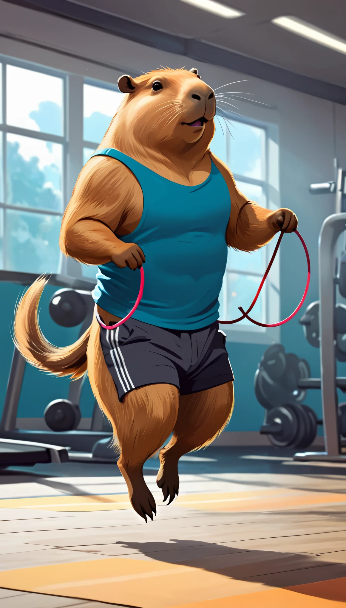 abstract, animated, capybara at the gym, muscular, jumps on a skipping rope, exaggerated musculature, wearing a sleeveless t-shirt and shorts