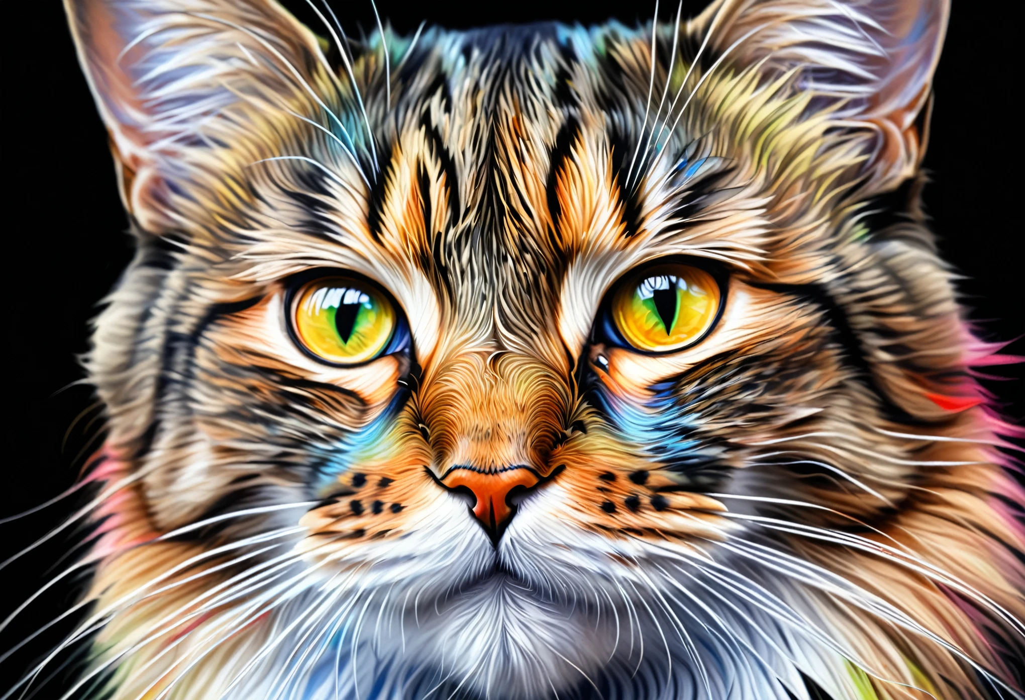 painting of a Cat with a colorful face and eyes, Airbrushing painting by Zahari Sograph, Trending on Artstation, fur art, Cat. Digital Painting, Beautiful art UHD 4K, Digital Painting Very detailed, 4k Very detailed Digital Art, Detailed painting 4k, Very detailed Digital Artwork, Very detailed Digital Painting, Digital Art. Very detailed