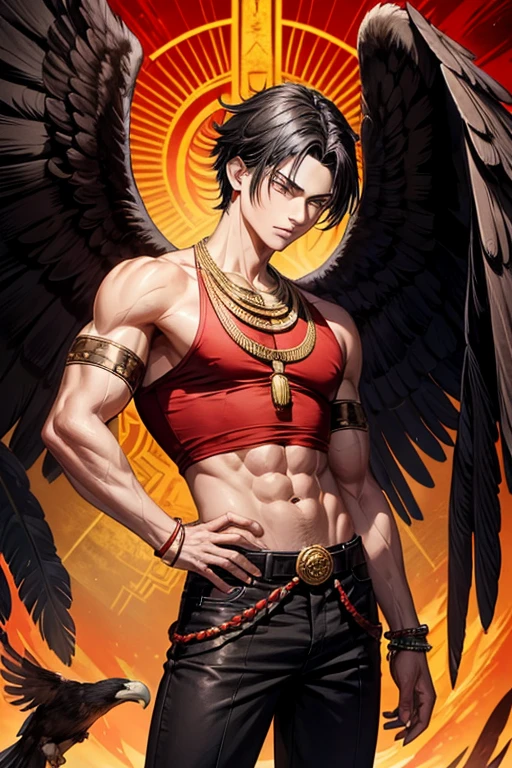 Boy with black hair,red shirt, black pants, eagle belt, brown eyes, eagle wings on his back, brown feathers with red tips, muscular complexion, slim golden Azteca medallion