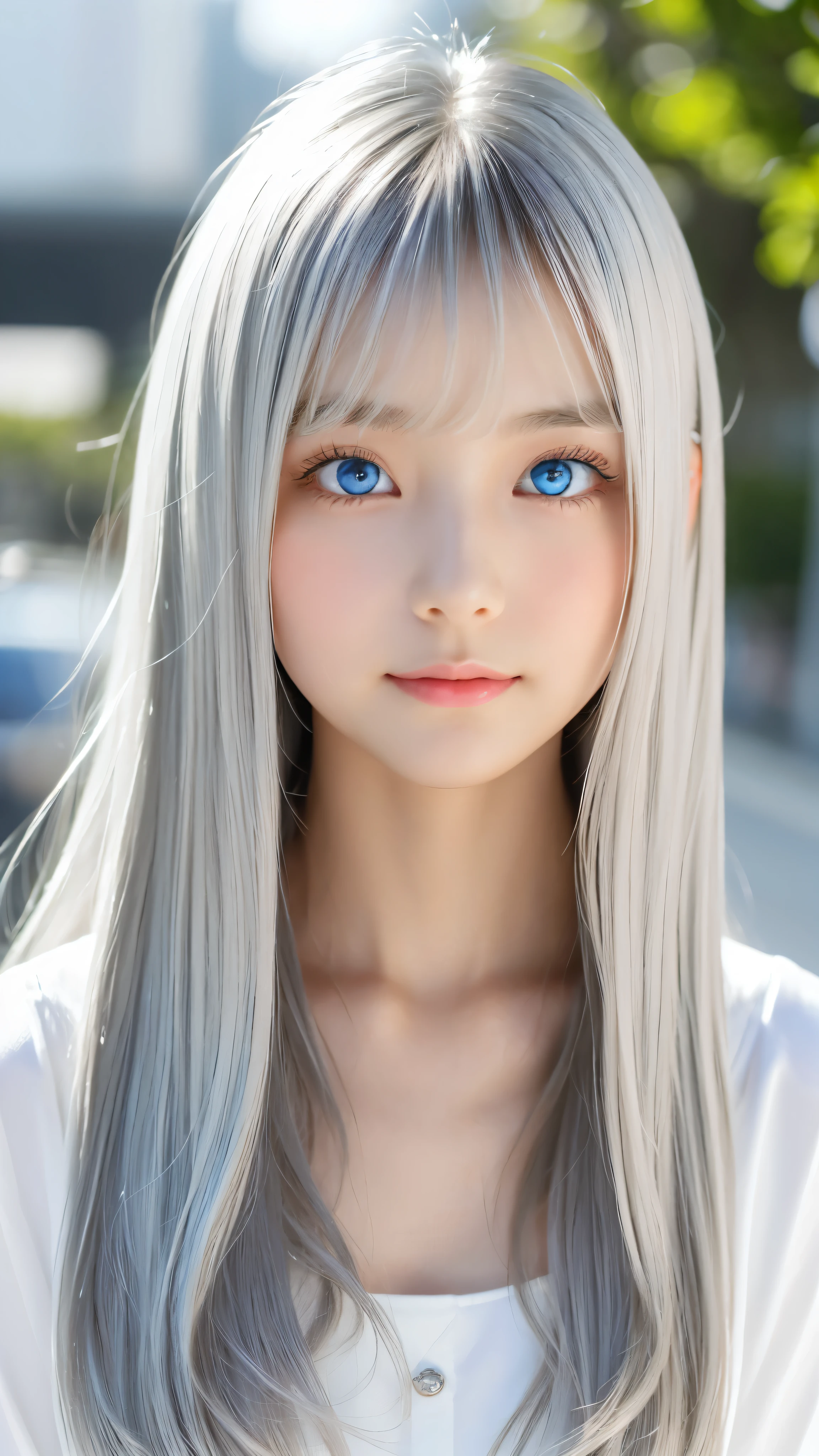 Shining, clear, white skin、Her windblown silver hair hides her beautiful face.、huge、28 years old cute sexy little beautiful face、Beautiful straight hair that stands out、growing up, Sparkling light blue eyes、long silky bangs that cover cute eyes, Sexy and cute young woman with super long hair hiding her sexy face、super long silver hair