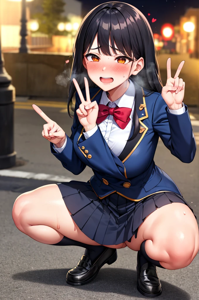 (nsfw),masterpiece,ultra detailed,sharp focus,4k digital art,high resolution,(v sign with both hands:1.5),(aroused and  blushed:1.5),bukkake,(adult face,curvy female),(face focus:1.2),navy blazer,pleated skirt,bow tie,(black hair,straight hair),tongue,at public park,night,night light,(sweaty:1.2),grinning,cum on face,(trembling,flying heart-shapes),(squatting and spreading legs),open mouth