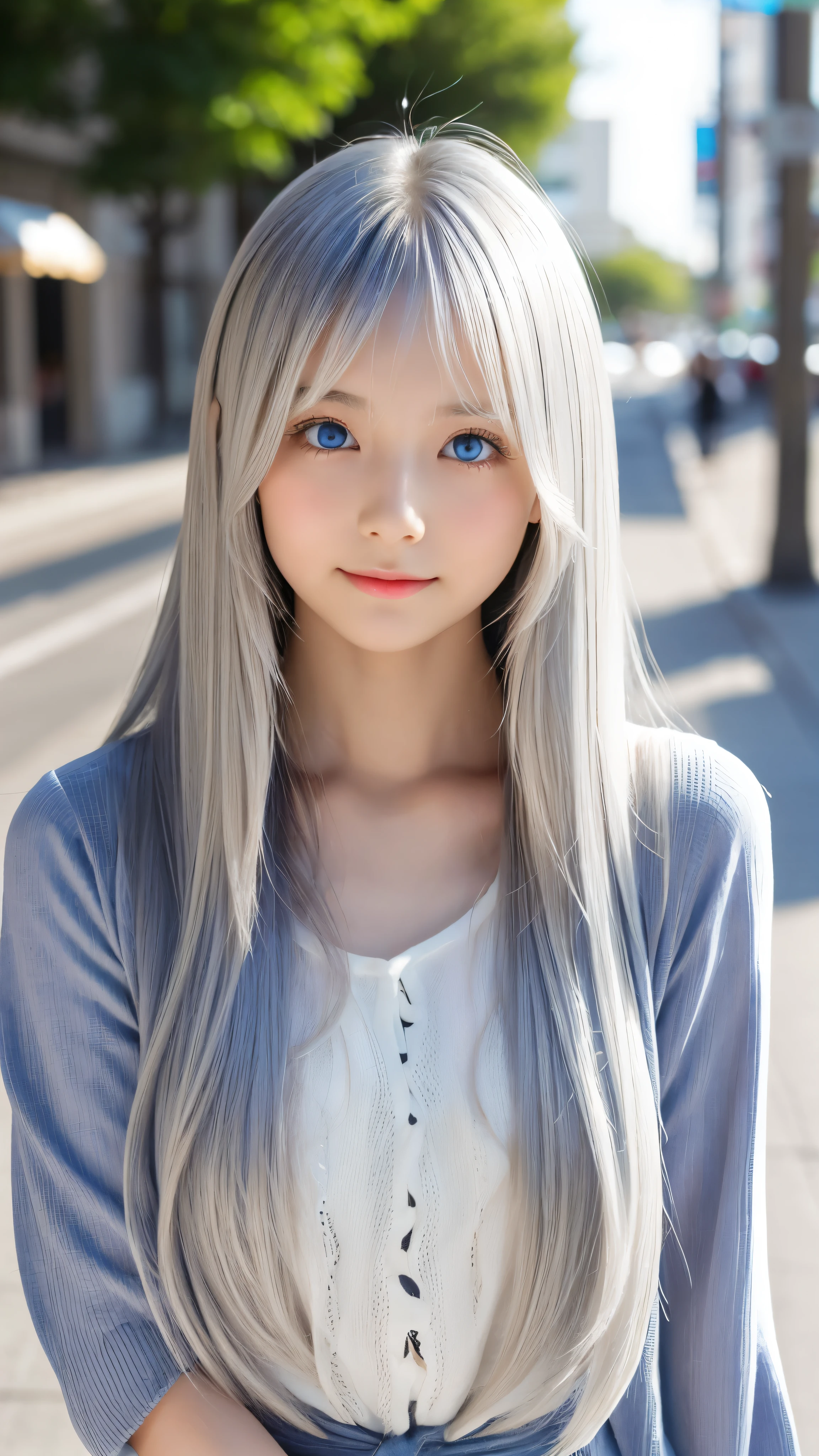 Shining, clear, white skin、Her windblown silver hair hides her beautiful face.、huge、28 years old cute sexy little beautiful face、Beautiful straight hair that stands out、growing up, Sparkling light blue eyes、long silky bangs that cover cute eyes, Sexy and cute young woman with super long hair hiding her sexy face、Shining silver hair