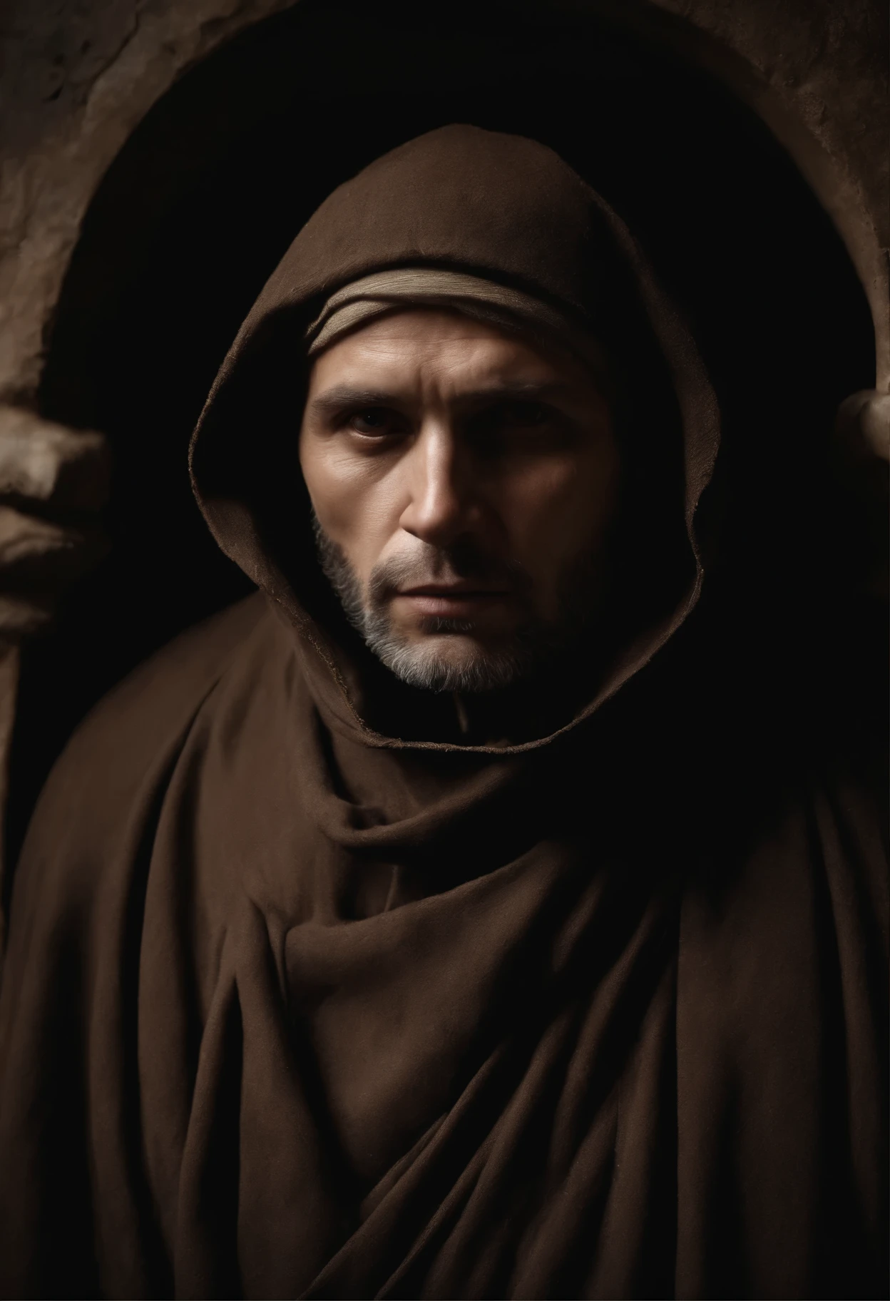 (((best quality))), high detail, profondeur de champ, Se concentrer: 1.2, mysterious capuchin monk, hood on the head, Des yeux parfaits, Gros yeux, religious clothing, dark room'interior of'il est dans une grotte, Detailed face and eyes are sad , ((chef-d'artwork)), (photo realistic:1.5), (((illustration haute résolution))), (((extremely detailed))), Ombres dramatiques, cinematic