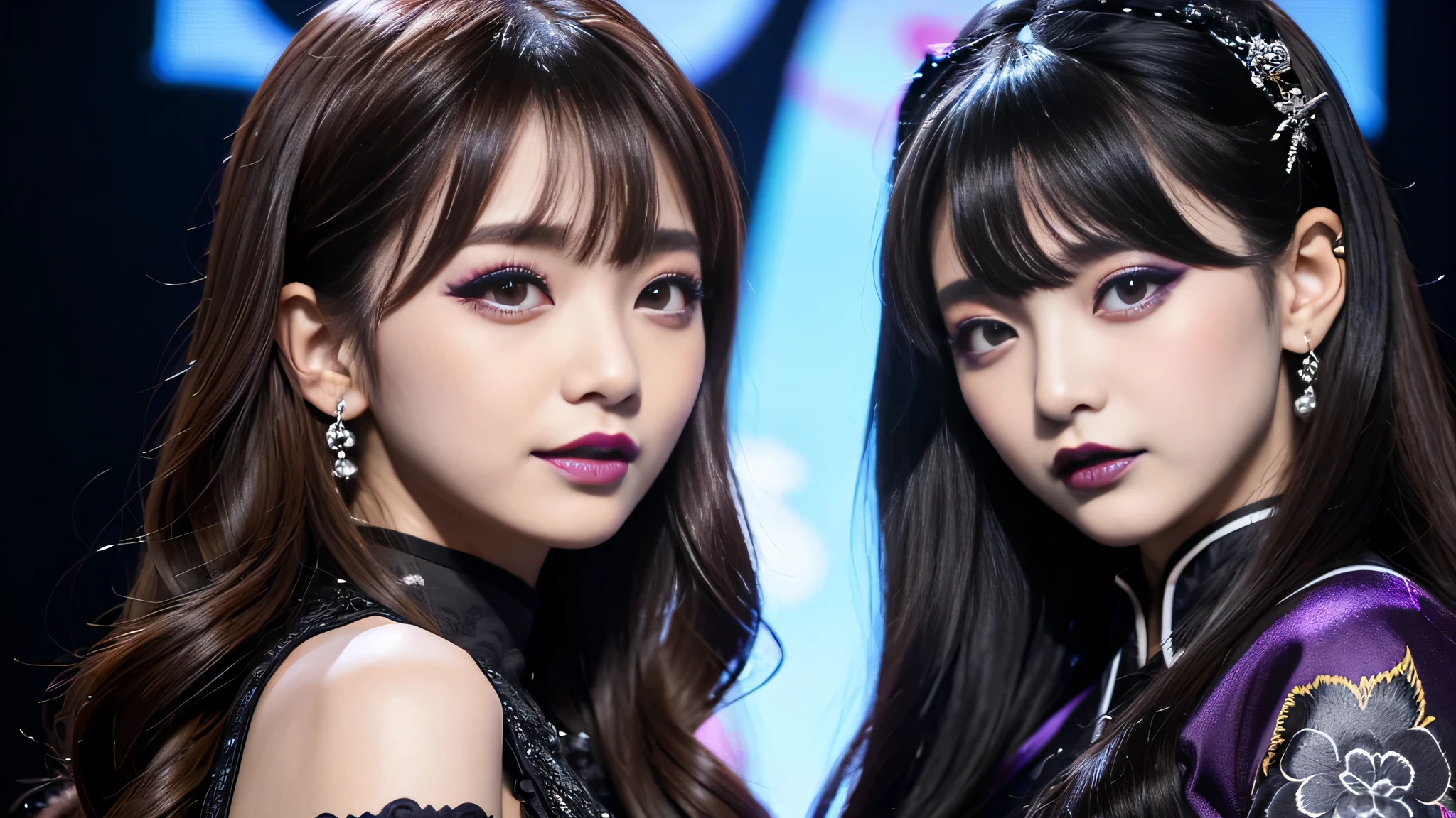 2girls、best quality、ultra-detailed、4k、Japanese、Seductive beauty、seductive adult woman、Pretty Woman、cool girl、Villainess、Brainwashed、brainwash、Fallen into evil、smirk、Evil look、Wicked Smile、evil、Brown hair、wavy hair、swept bangs、dark makeup、dark makeup、piercing eyes、hollow eyes,half-closed eyes、Hollow Eyes、Purple Eyeshadow、black lipstick、black lipglos、Long Black Cheongsam、Wide sleeves、night、inside Live stage、Applying lipstick、