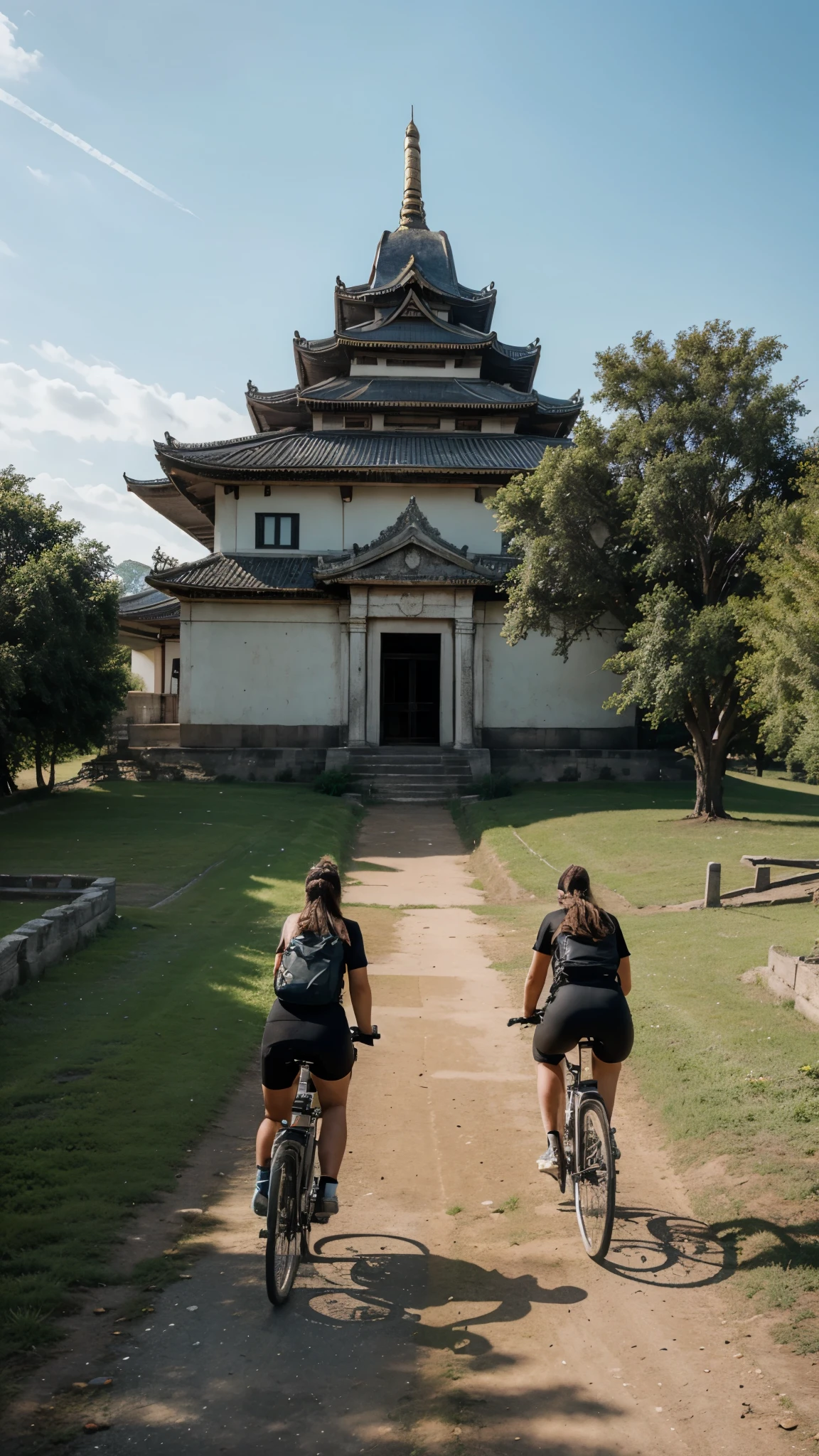 Image prompt: A group of three friends riding bicycles through a peaceful countryside, with the mysterious temple in the distance