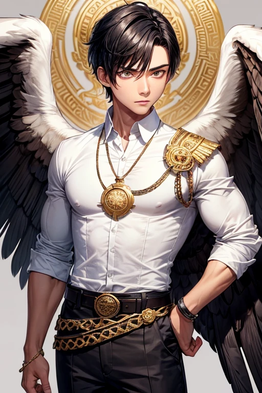 short haired guy with angel wings 6 wings 6 pack body wearing open chest shirt with chain necklace, 8K high definition sun cloud scene, Best quality, Masterpiece, Ultra high definition, ( Realism: 1.4), Original image, (Actual skin texture: 1.3), (Film grain: 1.3), (Panoramic angle )