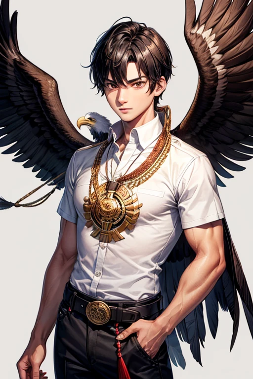 Boy with black hair, short banco shirt, white shirt, black pants, eagle belt, amarillo eyes, eagle wings on his back, brown feathers with red tips, muscular complexion, slim golden Aztec medallion