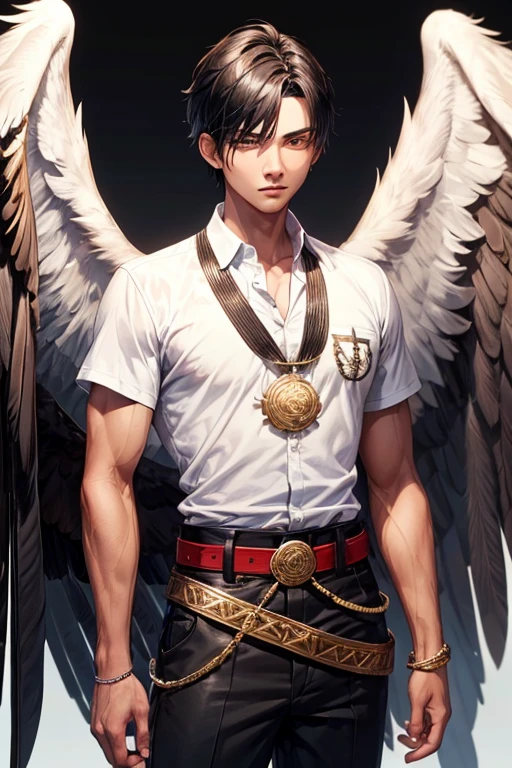 Boy with black hair, short banco shirt, white shirt, black pants, eagle belt, amarillo eyes, eagle wings on his back, brown feathers with red tips, muscular complexion, slim golden Aztec medallion