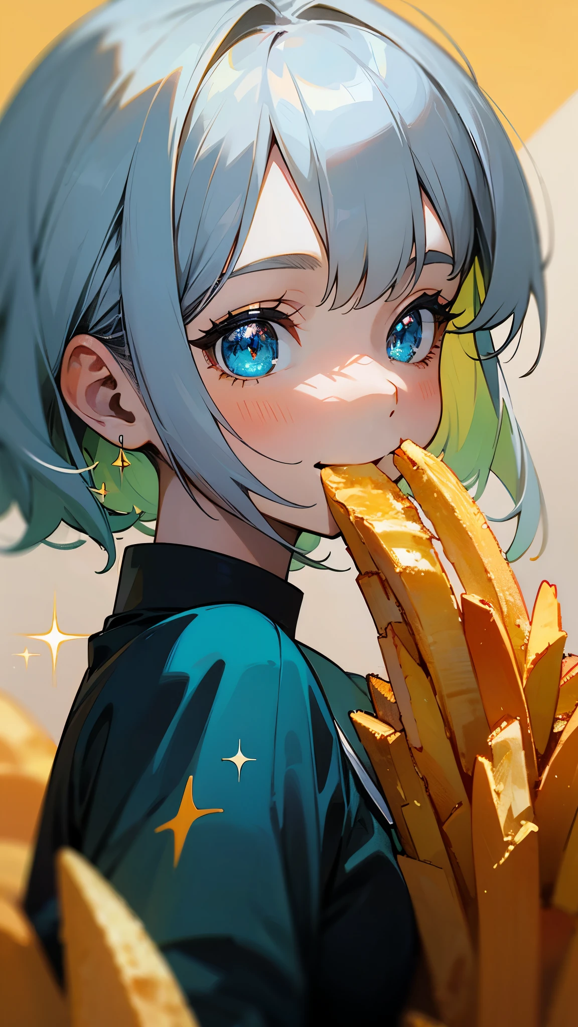 16-year-old girl、Anime style painting、Upper body close-up、smile、From the side, impression, (Oil), Green and orange tones、Silver Hair, (Sparkling blue eyes)、Eating French Fries