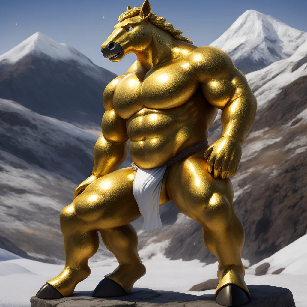  Antro, Statue, Estatua de Oro Metalica [Horse color Oro Metal] , [Fundoshi Bulto Male Big Gold], [Fundoshi Gold Dorado], Solo, Oro, [Bulto Male Big], Hooves equine , Big Balls, Detallado 4k, cuerpo completo, Cuerpo Goldeen metal, snowy mountain background, pupil Eyes Gold, Alta resolucion, Particulas doradas, Metal Gold, Brillo Dorado, Metal Pulido, Gold Particle, Manos Perfectas