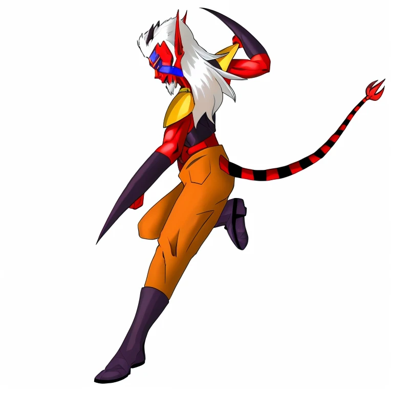 anime character with an orange outfit and a black mail, a red humanoid with long ears and short black horns, long haired humanoid, has a small white beard, and yellow eyes, male djinn demon hybrid, cell shaded adult animation, game character, varguyart style, katana zero video game character, intimidating pose, fullbody!! dynamic action pose, full body!! dynamic pose, fantasy character