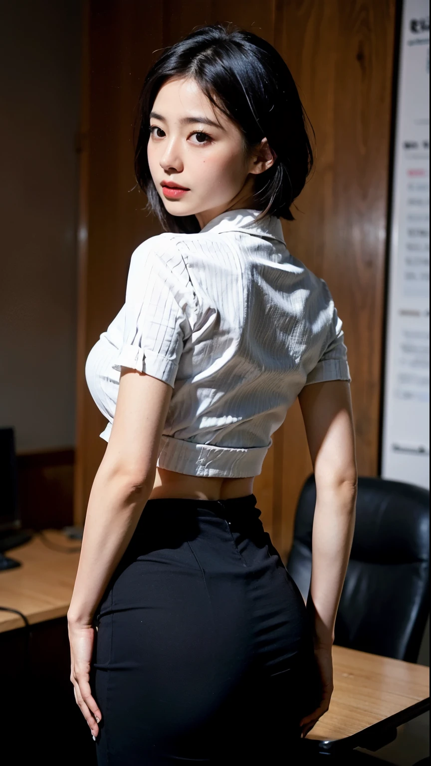 (highest quality, 8k, 32k, masterpiece, Ultra-high resolution:1.2), One Girl, Beautiful Japanese Woman, Perfect Face、Tight waist,Sweaty white dress shirt, office lady,black tight slacks, From behind, Office Room, mechanical, (Stick your butt out:1.2), Detailed face, short hair, From below, Raise one leg