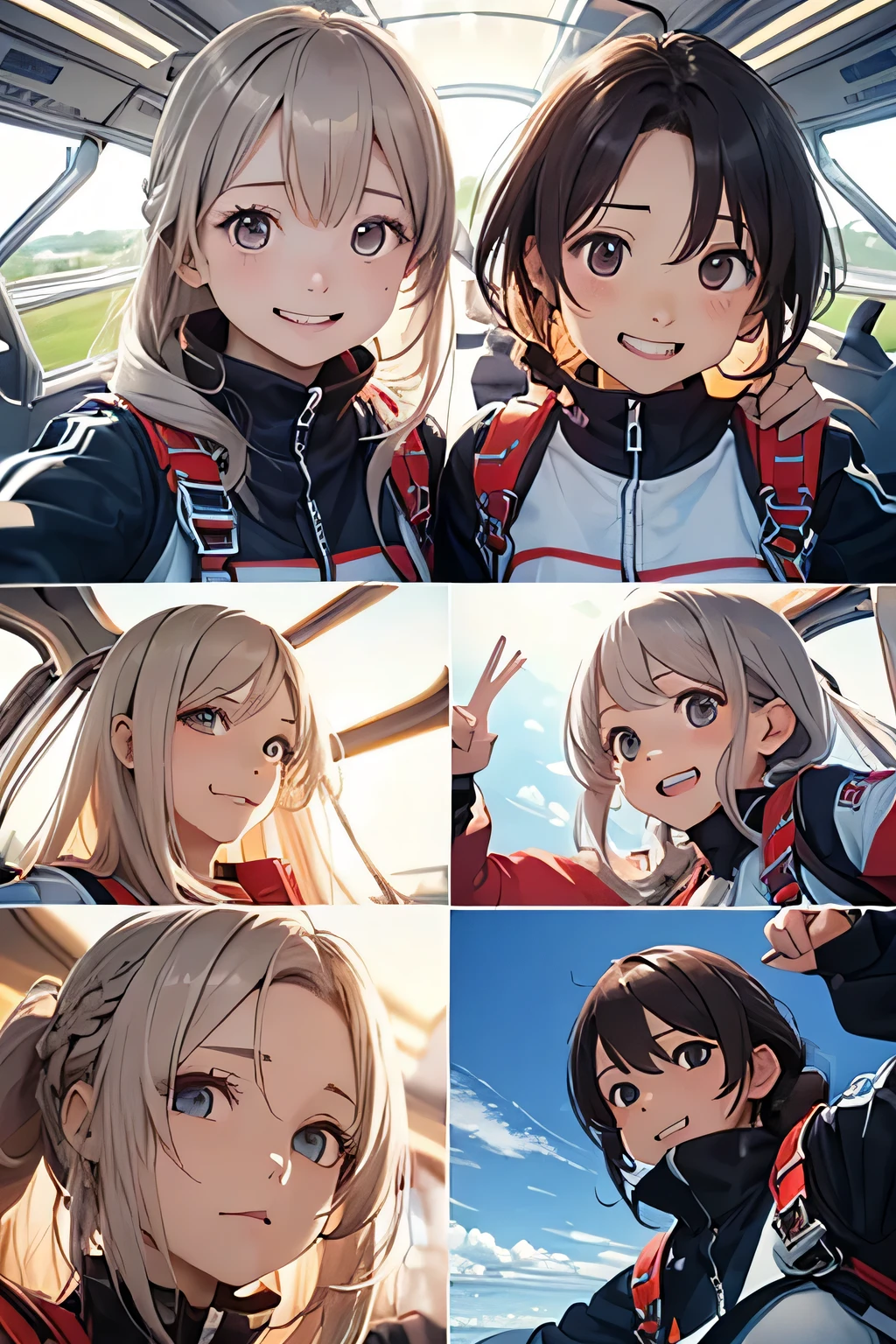highest quality、High resolution、Detailed Background、Beautiful face in every detail、Anatomically correct、(Draw a normal number of fingers:1.2)、(Detailed facial expressions:1.2)、Teenage beauty、Huge breasts、Perfect body line、Cute color hair color、Braided long hair、Braided Ponytail、Braided Hairstyles、Wavy Hairstyle、well-groomed eyebrows、Super height、Cowboy Shot、

(Two beautiful girls excited enjoying thrilling activities at super height:1.5)、

I&#39;m extremely excited、Ultra high tension、Uplifting、
I'm very excited the moment an airplane door is opened and I'm thrown into the air、
The strength of the wind and the sense of altitude The feeling of free fall you experience for the first time heightens the excitement、
The free fall from jumping off an airplane until the parachute opens is thrilling and excited-boosting、
You can test your own limits and courage while feeling the feeling of falling at a high speed and changes in the surrounding scenery、
The moment the parachute opens after completely turning from free fall, the speed decreases all at once and it shifts to a quiet atmosphere、this moment is a mixture of excitement and relief、
After the parachute opens, you can enjoy the feeling of slowly flying through the air、
The feeling of floating in the wind and taking a walk in the air while admiring the beautiful scenery also heightens the excitement、
The last step in skydiving is the moment you land safely on the ground、
You can enjoy the excitement by using a parachute to glide and timing your landing、
The skydiving experience will give you the excitement and excitement you'll never forget、

Let's jump together and make memories in the air with two or more partner jumps, such as couples or parents、
The pets we skydive with are cute too、
If you prepare the right equipment such as a small dog or cat and jump together, the pet's facial expressions and reactions are fun、
A group that skydives with friends and friends coexists with cuteness and fun、
The sight of everyone jumping into the air together is so colorful and cute、
You can also choose cute characters and colorful patterns to design your parachute、You can enjoy loveliness and excitement at the same time as the sight of big cute characters and patterns spreading in the air、
Skydiving is a thrilling and adventurous activity, but don't forget to incorporate smiles and cuteness、

Pair a sporty top with colorful shorts、
Choose bright colors or patterns for tops、
A freestyle jumpsuit is the perfect item for skydiving、
You can show off your cuteness by choosing a design with a colorful pattern or embroidery、
Pair an oversized t-shirt with colorful leggings、
Choose T-shirts with cute characters or logos printed on them、
Choose sporty sneakers that are comfortable to wear、
It's stylish and cute when you incorporate accessories such as caps and sunglasses、
Don't forget to choose the right equipment to ensure ease of movement and safety