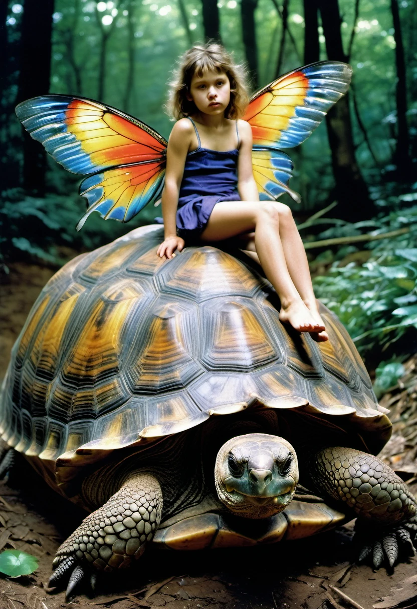 Art by eRA lEISNER, Jan Saudek and Jenny Saville ,Max Ernstrunepunk , tiny fairy girl with colourful wings riding on the back of a giant tortoise, on the beautiful shell, detailed photo fujifilm provia 400x, massurrealism, luminous shadows, renaissance-inspired chiaroscuro, HDRI