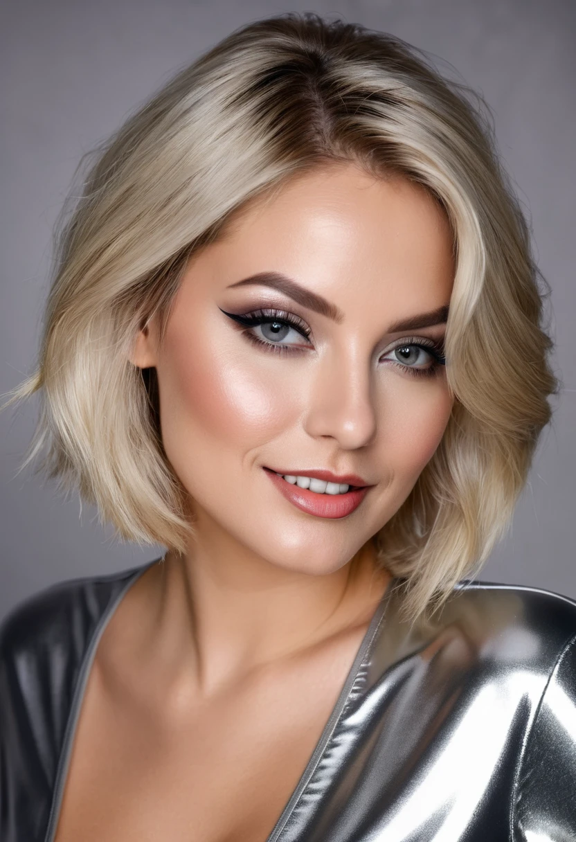 hyperrealistic beautiful busty 30-year-old women in ultra shiny silver jumpsuit, model shooting mugshot photography, dyed blonde classic bob, dark eye makeup with eyeliner, seductive smile, 8K, best quality, Meisterwerk, ultra high resolution, (Realismus: 1.4), Originalfoto, (realistische Hautstruktur: 1.3), (Filmkorn: 1.3), (Selfie-Winkel), 1 girl, Beautiful eyes and facial details, Meisterwerk, best quality