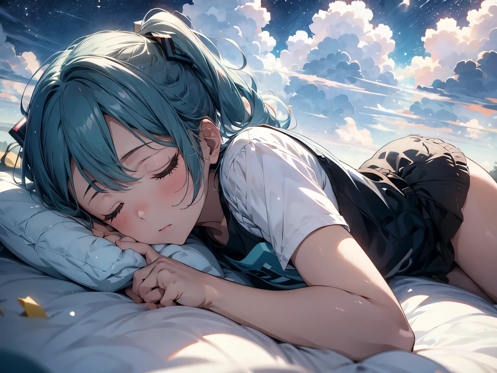 A girl, teal hair, ponytail on both sides, Cyan eyes, (Character Hatsune Miku), permanent, ((Sleeping in cloud)), Sleeping on Pillow, Happy, Lovely, Closed eyes, Break, Towards you, POV, when she sleeps next to you, Pillow, cloud, Star, cloud-Bed and night-sky background, anime, (((illustration))), high quality CG, Fair,