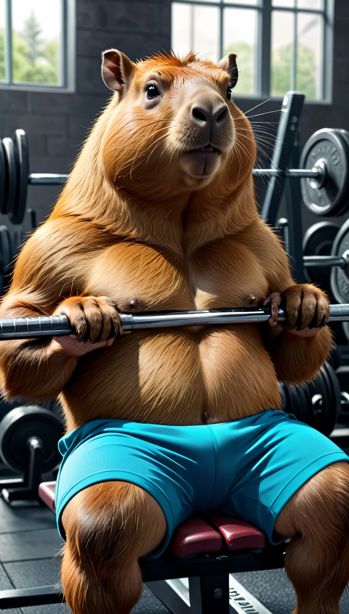 abstract, realistic animated, capybara at the gym, muscular, lies on the bench and Chest Press with The Squeezebar, exaggerated musculature, wearing a sleeveless t-shirt and shorts