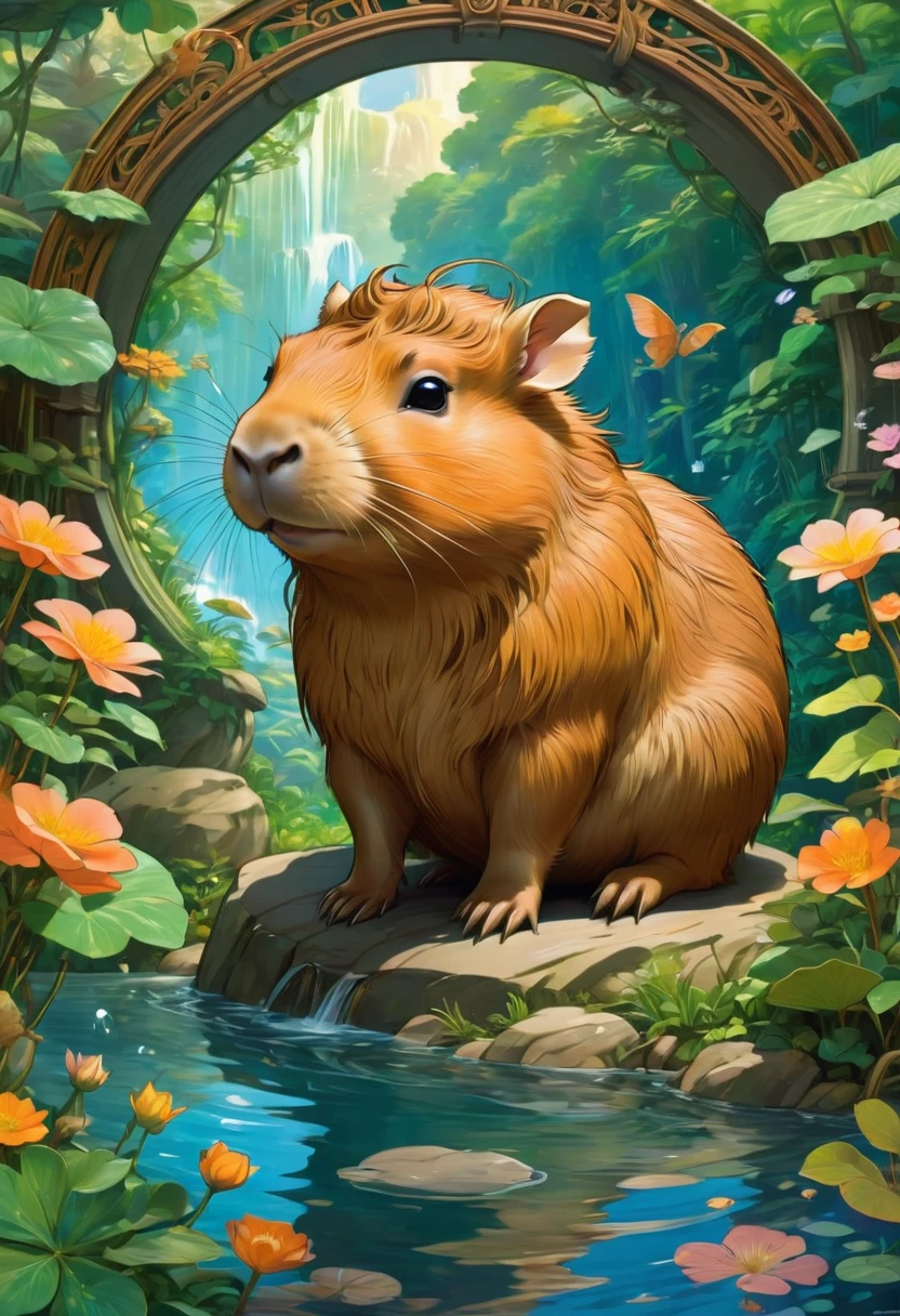 a cute capybara, by Studio Ghibli and Alphonse Mucha, best quality, masterpiece, very aesthetic, perfect composition, intricate details, ultra-detailed