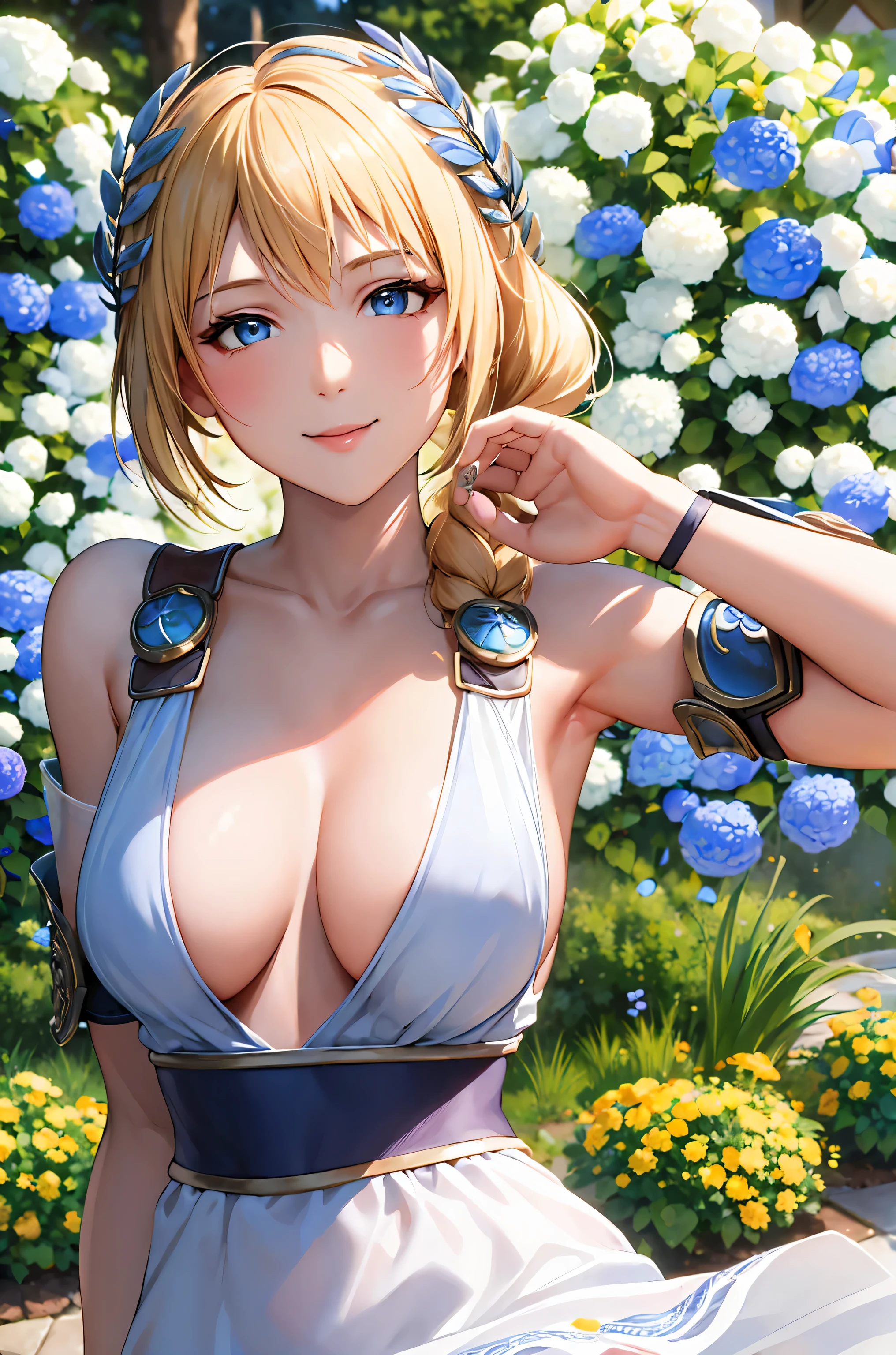 (8k, masterpiece), high resolution, high quality (best quality), sophitia, blonde hair, braid,blue, in a garden full of flowers, giving a cute and sexy smile, spectacular dynamic lighting, beautiful eyes, delicate face, detailed skin, detailed breasts, detailed hands, vivid colors,
