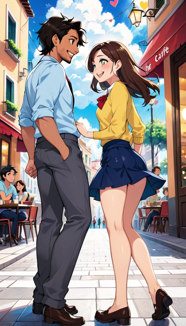 (Ultra realistic image, 42K, ultra-hd), ((View from below)), As Ana and Miguel walk through the busy streets, their paths cross with a group of friends. They stop to talk and laugh, and soon they are surrounded by a cloud of positive energy. As the afternoon passes, (Ana is wearing a mini skirt: 1.3), and Miguel is wearing a suit and pants), they feel increasingly connected, as if they had known each other their entire lives.
When it's time to say goodbye, Ana and Miguel exchange meaningful looks. There are no words spoken, but the message is clear: there is something special happening between them.
With smiles on their faces and hearts full of hope, they go their separate ways, knowing that their destinies are intertwined. The flirtation of glances in the cafe was just the beginning of something magical.