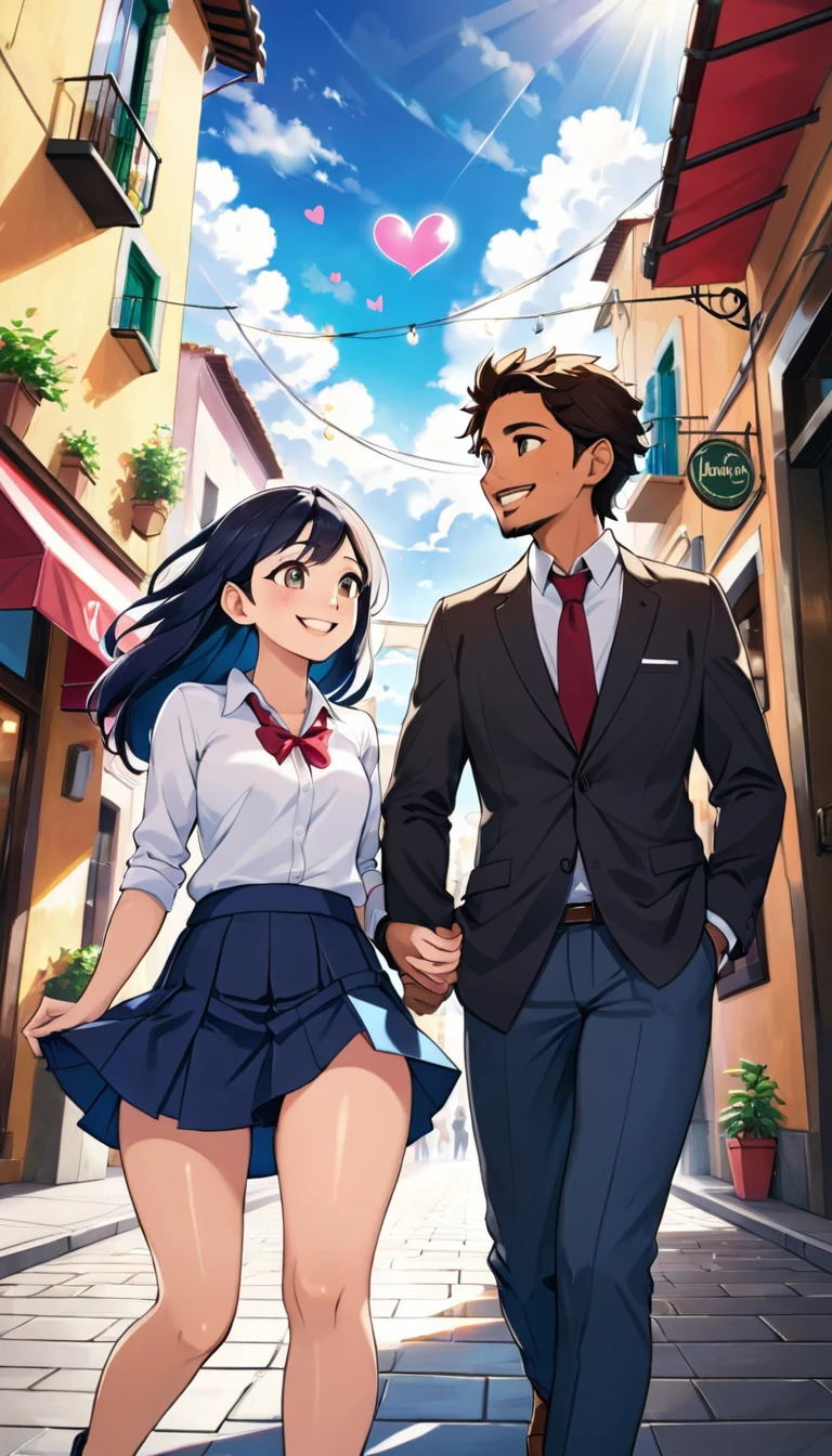 (Ultra realistic image, 42K, ultra-hd), ((View from below)), As Ana and Miguel walk through the busy streets, their paths cross with a group of friends. They stop to talk and laugh, and soon they are surrounded by a cloud of positive energy. As the afternoon passes, (Ana is wearing a mini skirt: 1.3), and Miguel is wearing a suit and pants), they feel increasingly connected, as if they had known each other their entire lives.
When it's time to say goodbye, Ana and Miguel exchange meaningful looks. There are no words spoken, but the message is clear: there is something special happening between them.
With smiles on their faces and hearts full of hope, they go their separate ways, knowing that their destinies are intertwined. The flirtation of glances in the cafe was just the beginning of something magical.