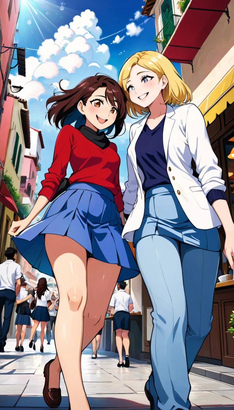 (Ultra realistic image, 42K, ultra-hd), ((View from below)), As Ana and Miguel walk through the busy streets, their paths cross with a group of friends. They stop to talk and laugh, and soon they are surrounded by a cloud of positive energy. As the afternoon passes, (Ana is wearing a mini skirt: 1.3), and Miguel is wearing a suit and pants), they feel increasingly connected, as if they had known each other their entire lives.
When it's time to say goodbye, Ana and Miguel exchange meaningful looks. There are no words spoken, but the message is clear: there is something special happening between them.
With smiles on their faces and hearts full of hope, they go their separate ways, knowing that their destinies are intertwined. The flirtation of glances in the cafe was just the beginning of something magical.