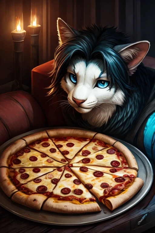 [Essen=" Pizza, Kartoffelchips, Snacks, roasted nuts"][Katze=" geschlechtslose Anthropologie, schlank, White, skyblue eyes with White sclera and black pupils, gelangweilt, schmutzige Cyberpunk-Kleidung, Klauen, digitalgrad, colorfull Haare"][Haare=" himmelblaue Hauptfarbe, ein paar rosa Haarlocken, green Haare-tips"].beautiful furry art, Meisterwerk, Atemberaubend, 4k, realistisches Fell, Ultra quality, Hervorragende Illustration. One Katze lies above one dirty sofa while eating some food, in a dark room at night with only one lighting scenario for the TV. (Luftaufnahme von oben)( Pixelsketcher-Genauigkeit, Zeichnung von Hioshiru).(kalte Lichtfarbe)