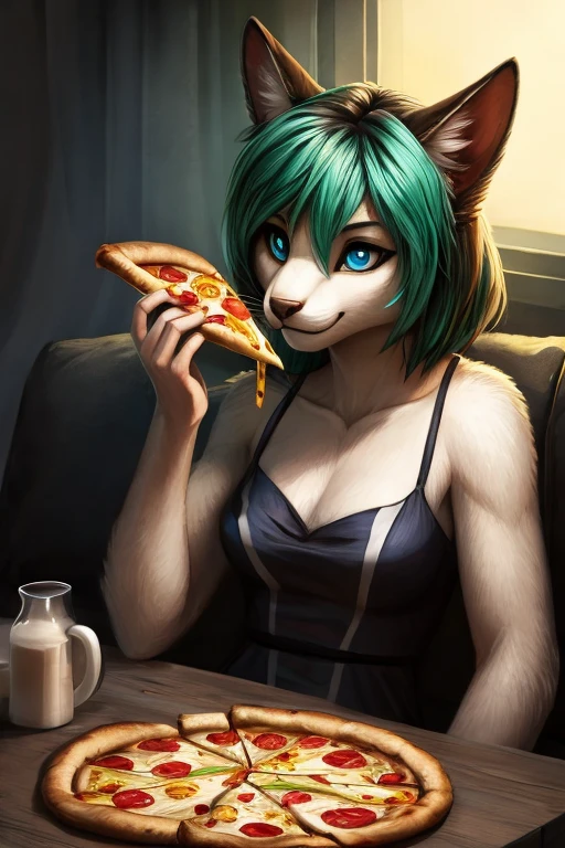 [Essen=" Pizza, Kartoffelchips, Snacks, roasted nuts"][Katze=" geschlechtslose Anthropologie, schlank, White, skyblue eyes with White sclera and black pupils, gelangweilt, schmutzige Cyberpunk-Kleidung, Klauen, digitalgrad, colorfull Haare"][Haare=" himmelblaue Hauptfarbe, ein paar rosa Haarlocken, green Haare-tips"].beautiful furry art, Meisterwerk, Atemberaubend, 4k, realistisches Fell, Ultra quality, Hervorragende Illustration. One Katze lies above one dirty sofa while eating some food, in a dark room at night with only one lighting scenario for the TV. (Luftaufnahme von oben)( Pixelsketcher-Genauigkeit, Zeichnung von Hioshiru).(kalte Lichtfarbe)