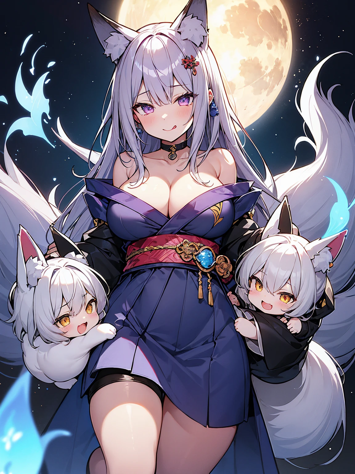 (hi res), ((masterpiece)) , ((best quality)), illustration, 3girl, 3girls, multiple characters, size difference, crotch focus, wolf girl, grey hair, hair between eyes, purple eyes, long hair, indoors, multiple hair styles, bedroom,night scenery, moon on windows, on bed , golden pendant, nipples , open mouth, different breasts size, blue long dress, sexy panties, nipples, small breasts, horny face, dirty panty, , dark purple color nipples, full body, ( wolf furry:1.3) lingerie, slightly chubby, lesbian, milf, nsfw, panties, crotchless, crotchless panties, on side, anus, ass,standing,sitting,harem, line up,