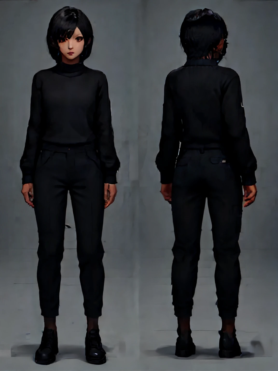 Black short hair, black sweater, black pants and black shoes