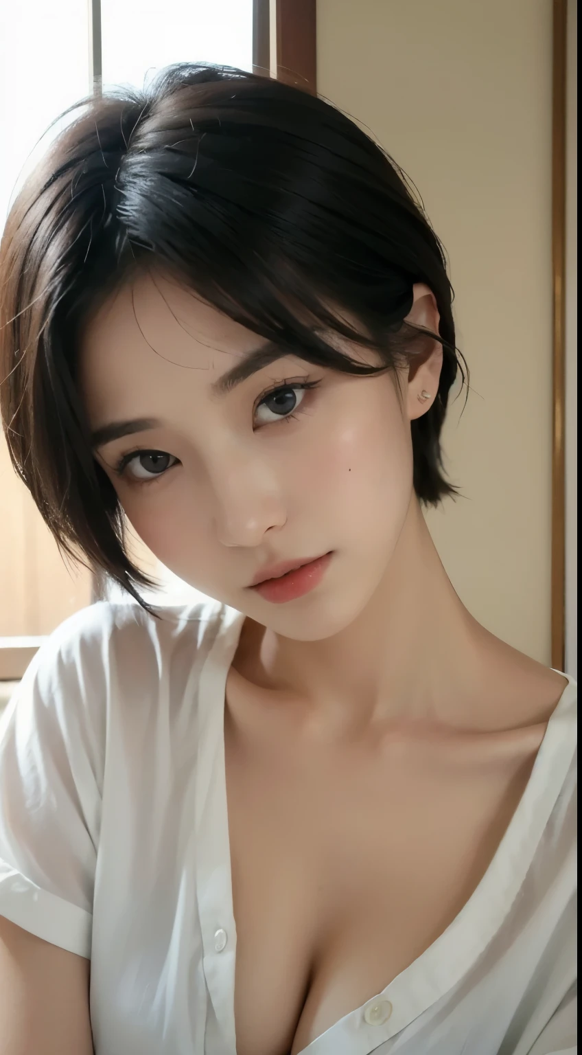 ((highest quality, 8k, masterpiece: 1.3)), Sharp focus: 1.2, Beautiful Japanese woman with perfect style: 1.4, Random hairstyles for short hair and up hair、Black Hair, wear a white shirt unbuttoned、Open,Cleavage、No bra, Highly detailed face and skin texture, Beautiful Eyes, Photograph the upper body、Sexy pose