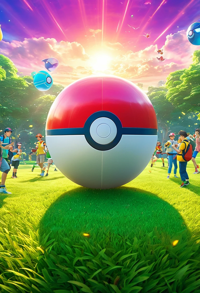 Masterpiece, digital, Pokémon GO group, banner image, cover image, multiple Pokémon, trainers, engaging in friendly activities, giant Poké ball,  clash effects, high detail, volumetric lighting, high quality, epic, vibrant tones