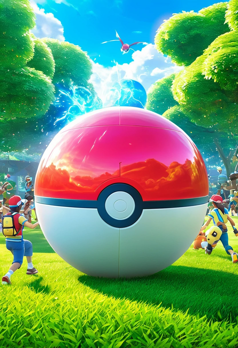 Masterpiece, digital, Pokémon GO group, banner image, cover image, multiple Pokémon, trainers, engaging in friendly activities, giant Poké ball, clash effects, high detail, volumetric lighting, high quality, epic, vibrant tones