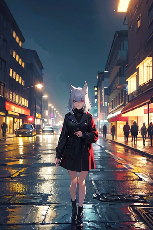 (Verbesserte Details, high quality), pelziger Wolf, average breasts, Walking through the city, (Nachtzeit, lebendige Lichter, urban environment), (Dynamisches Trimmen, Wilder Ausdruck auf seinem Gesicht, Zerzaustes Haar), (Leuchtend rote Augen, Detaillierte Berichterstattung), (bunte Flecken, wet roads), (Konzentriere dich auf den Kopf des Wolfes), (heller Fokus auf den Augen).