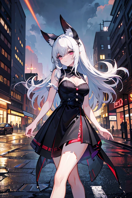 jirai kei, anime, ???????, audience, dark persona, long hair, straight hair, smirk, teasing, hand on own chin, evil smile, trap, 1 boy, ????? boy, femboy, dark blue eye, boots, knee high socks, white and black hair, two tone half color hair, city, black cape, frills, runes, tassels, feng shui, white dress, belts, earrings, chains, yin yang, beautiful art, depth of field, high res, perfect face, detailed outfit