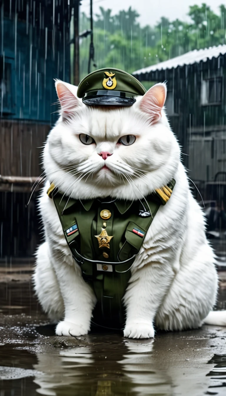 A fat white cat with army uniforms sits in tears in the barracks, heavy rain, dirty water, thunder, 8k