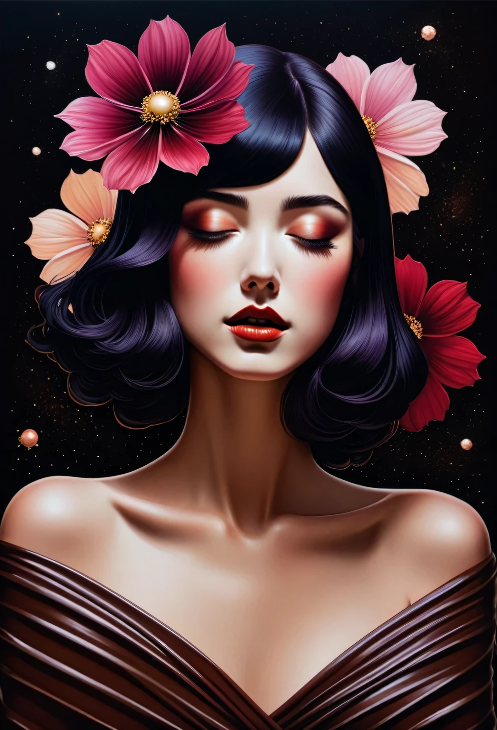 chiaroscuro technique on sensual illustration of an elegant , retro and vintage ,Chocolate Cosmos (Cosmos atrosanguineus) around body, matte painting, by Hannah Dale, by Harumi Hironaka, extremely soft colors, vibrant, pastel, highly detailed, digital artwork, high contrast, dramatic, refined, tonal, golden ratio,