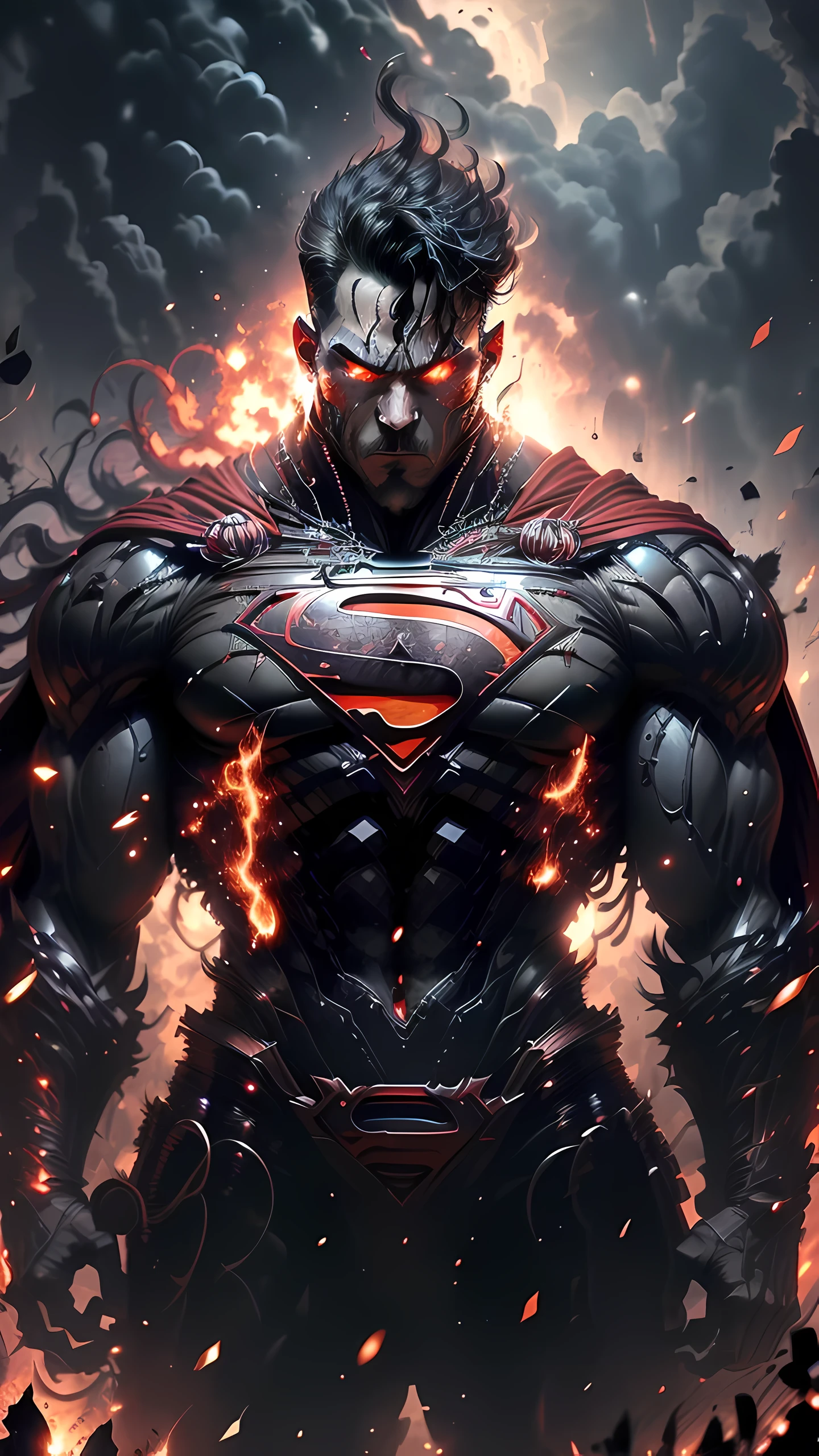 Super Powerful), (Handsome and Menacing Face: 1.2), Evil Superman, with horns on the forehead, surrounded by fire, on a dark night with a full moon and low light, black superman suit, red cape,
(Extremely Detailed CG: 1.3), Depth of Field, Cinematic Lighting, Lens Flare, (Dramatic Atmosphere and sinister: 1.5), (formidable figure: 1.4), standing confidently, (large and imposing frame: 1.1), (very complex and realistic texture: 1.2), luminous red eyes, glowing sinisterly in the dark, masterpiece, high quality image , clear, defined face, perfect hands, 