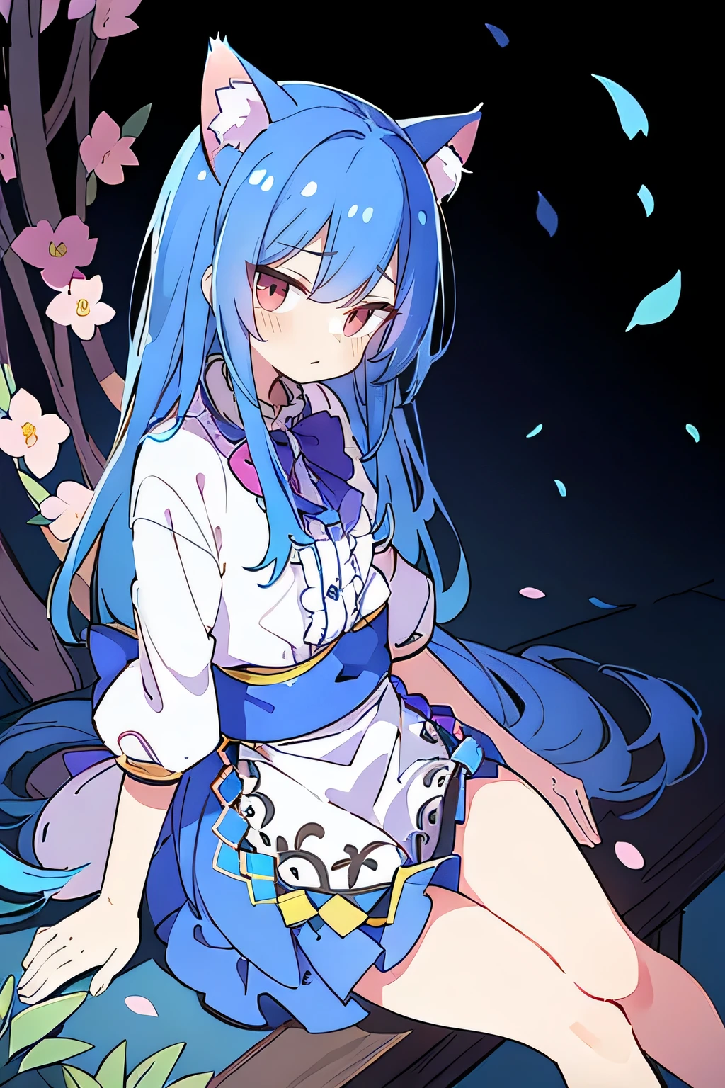 (masterpiece:1.2),ultra-detailed,realistic,expressive eyes,fair-skinned,perfectly shaped face,1girl,
Japanese cartoons,Gorgeous blue hair, flowing blue hair,floating clothes,cat ears,petals falling,beautiful Lola,Hina Angel,
hands on waist,gracefully sitting on the ground,legs crossed,gentle and serene background,cool and comfortable pavilion.