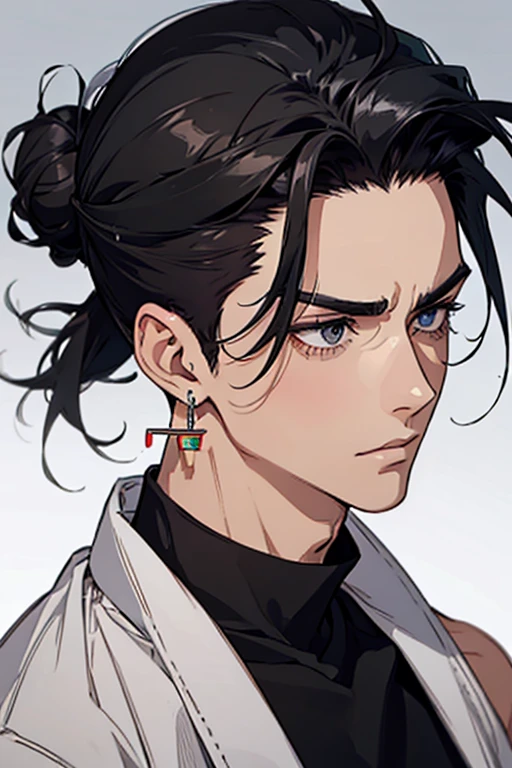 man gradient anime young black hair with low bun shaved sides turns hair to the left side in the middle serious face with black earrings sweatshirt