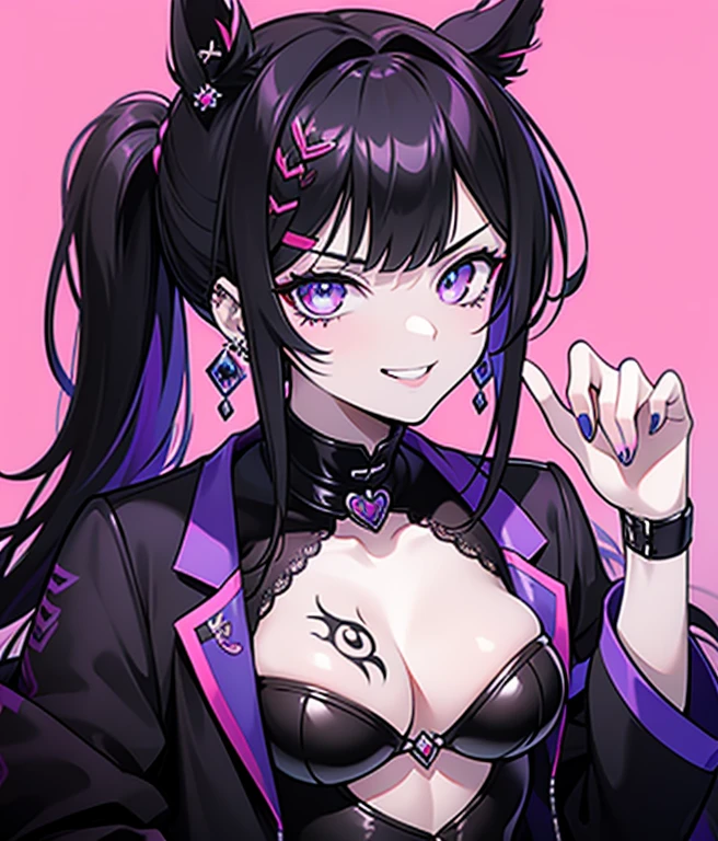 1 Typ, 1 Person,  ((Rosa Haarfarbe| schwarze Haarfarbe)) ,((Schwarzer Pony)) kurzes Haar, Body piercings, smile, vulgar,(( Solo))), Evil eyebrows, frech, (graue Augen) Evil smile, evil sight, Evil eyebrows, Male organs,  tattoo, Sabbern