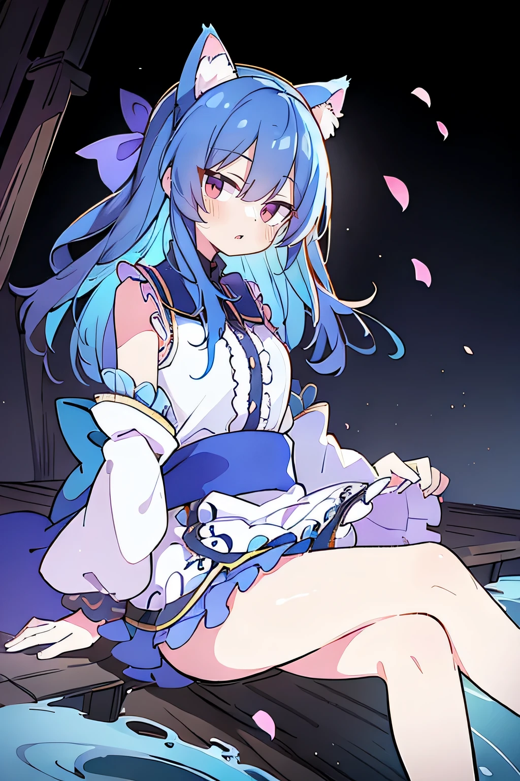 (masterpiece:1.2),ultra-detailed,realistic,expressive eyes,fair-skinned,perfectly shaped face,1girl,
Japanese cartoons,Gorgeous blue hair, flowing blue hair,floating clothes,cat ears,petals falling,beautiful Lola,Hina Angel,
hands on waist,gracefully sitting on the ground,legs crossed,gentle and serene background,cool and comfortable pavilion.