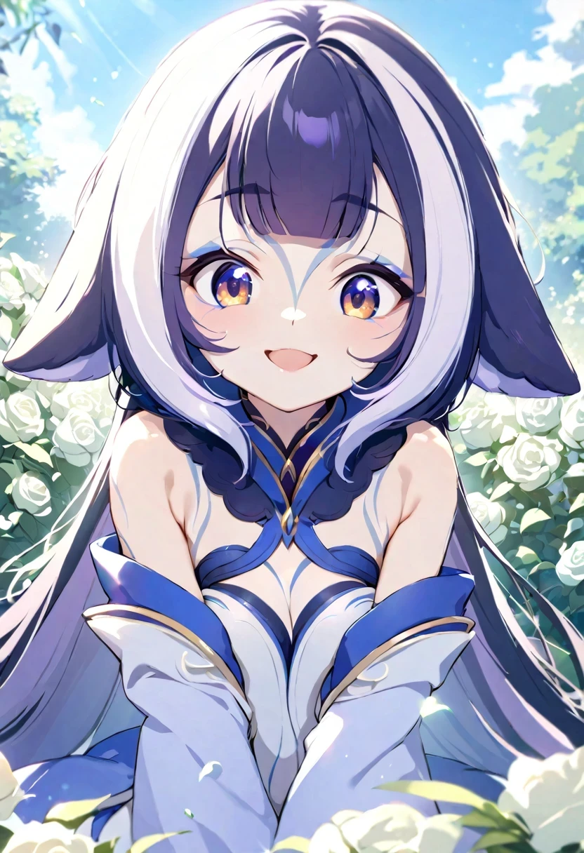 (shylily/(Twich/):1.5),(masterpiece:1.2),(best quality:1.2),, (1girl:1.3), , Have cute ears, Happy laughter, Big eyes, With a sea of light green fairy roses, background, in the sun, 
