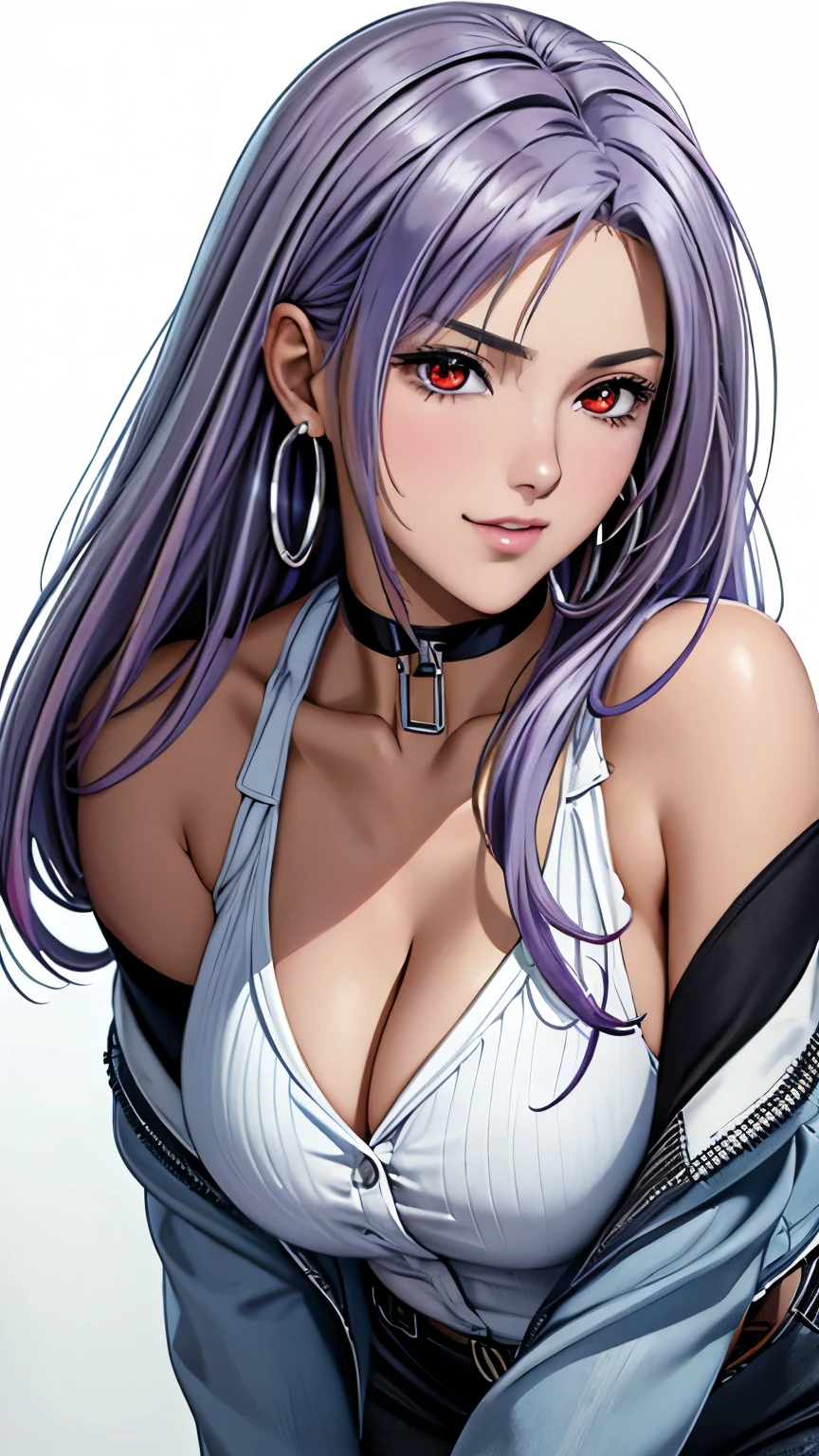 red eyes, (highest quality, masterpiece painting:1.3), immature woman, , (half body shot), masterpiece, ultra high resolution, (Photoreal:1.0), ((light purple hair)),straight hair, beautiful shining hair, white and shining skin, ((Ultra realistic details)), octane rendering, highly detailed face, (big breasts:0.8),  distressed denim jacket with patches and pins, paired with black skinny jeans and combat boots, Accessories: silver hoop earrings and a black choker necklace, open neckline, cleavage, perfect body, soft skin, silver earrings, (pure white background:1.4), sharp focus, intricate details, professional artwork, (bright colors:1.1), bright colors, diffused lighting, digital blending, ultra-definition body, ultra detail hair, super detailed face, that&#39;It&#39;s trending on pixiv, top button open, Cute gaze, compensate, perfect lips, perfect compensate, Ultra-precision coating, (light_smile:0.8), (smugness:1.2),blush your nose,