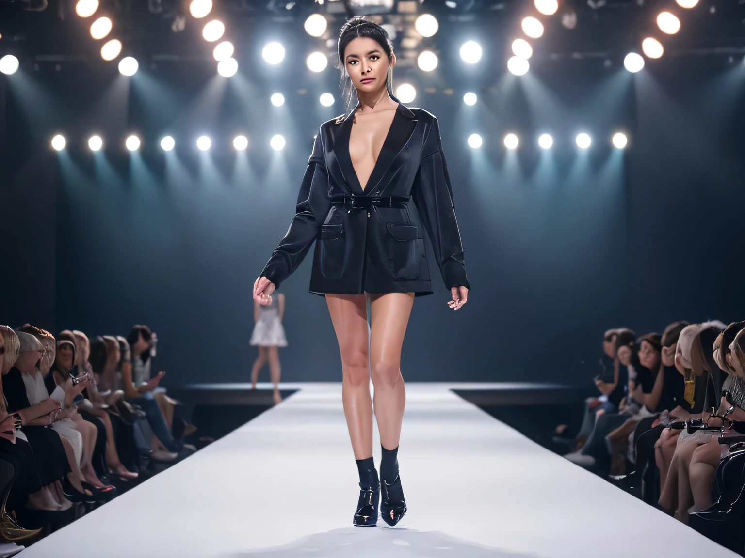 Fashion show runway、(highest quality, 8K, masterpiece, )Model in the spotlight