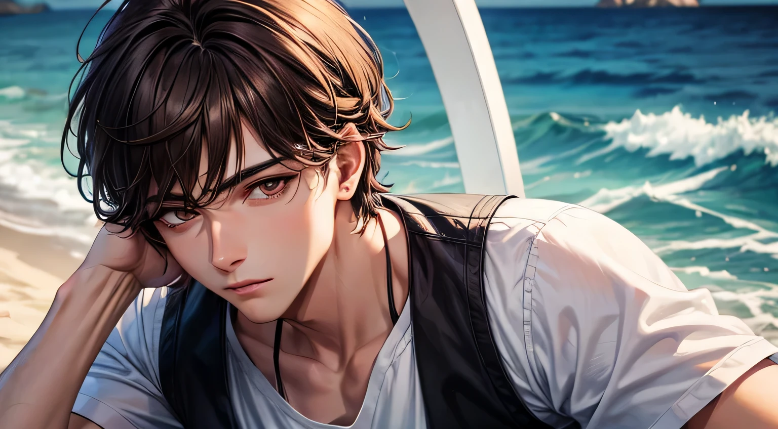 midnight　coastal　full moon　male　Brown Hair　White shirt　Detailed facial expression depiction　Detailed depiction of clothing　Detailed eye depiction　Detailed hair depiction