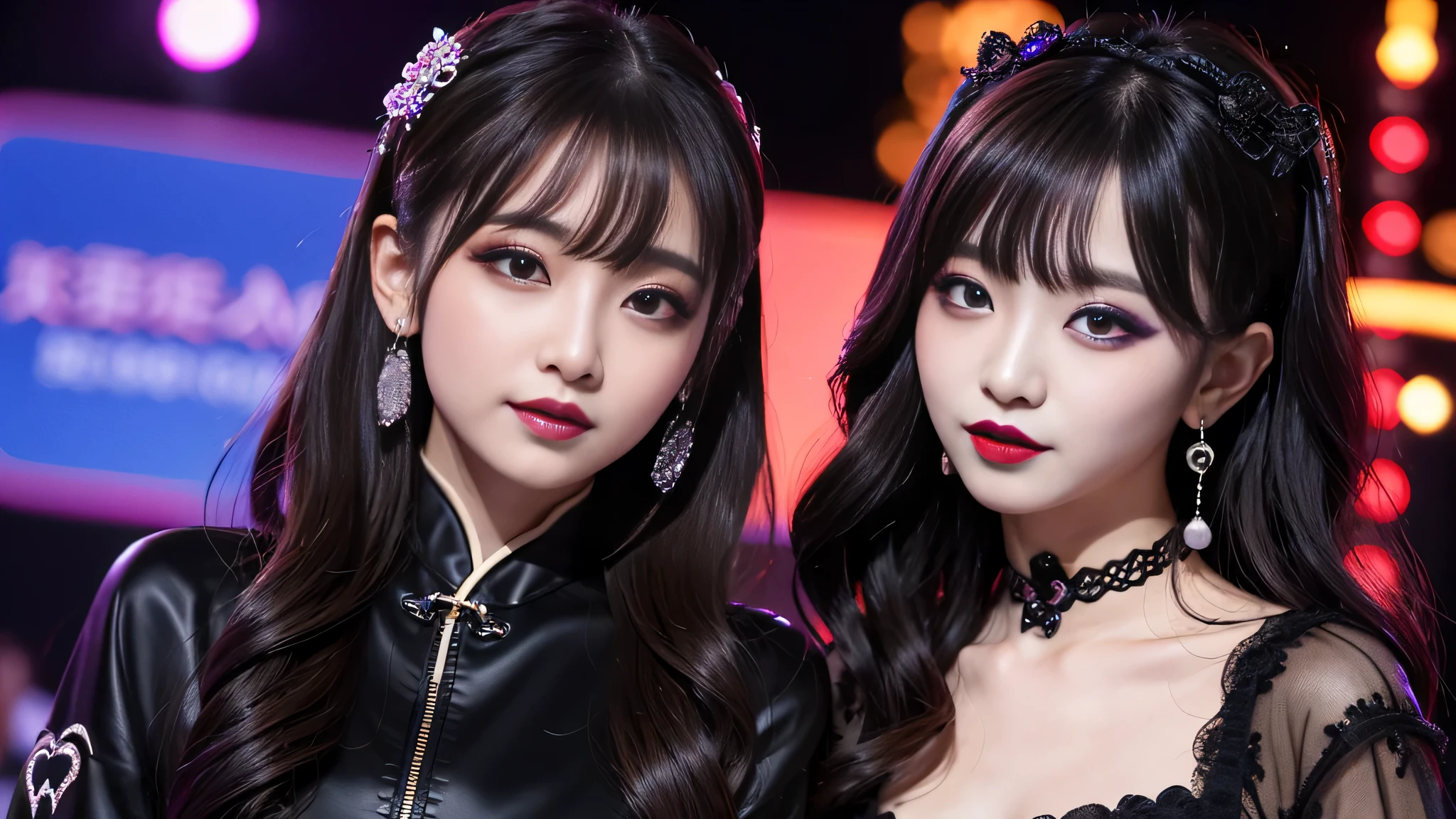 2girls、best quality、ultra-detailed、4k、Japanese、Seductive beauty、seductive adult woman、Pretty Woman、cool girl、Villainess、Brainwashed、brainwash、Fallen into evil、smirk、Evil look、Wicked Smile、evil、Brown hair、wavy hair、swept bangs、dark makeup、dark makeup、piercing eyes、hollow eyes,half-closed eyes、Hollow Eyes、Purple Eyeshadow、black lipstick、black lipglos、Long Black Cheongsam、Wide sleeves、night、inside Live stage、Applying lipstick、