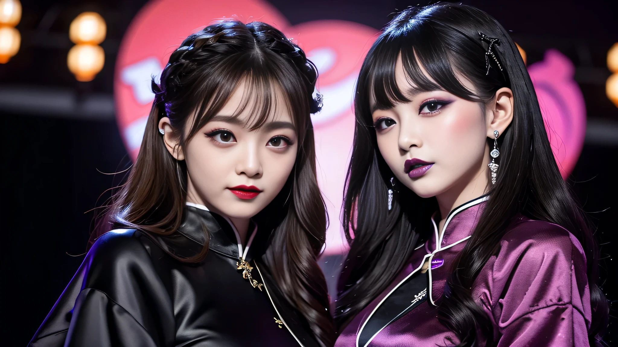 2girls、best quality、ultra-detailed、4k、Japanese、Seductive beauty、seductive adult woman、Pretty Woman、cool girl、Villainess、Brainwashed、brainwash、Fallen into evil、smirk、Evil look、Wicked Smile、evil、Brown hair、wavy hair、swept bangs、dark makeup、dark makeup、piercing eyes、hollow eyes,half-closed eyes、Hollow Eyes、Purple Eyeshadow、black lipstick、black lipglos、Long Black Cheongsam、Wide sleeves、night、inside Live stage、Applying lipstick、